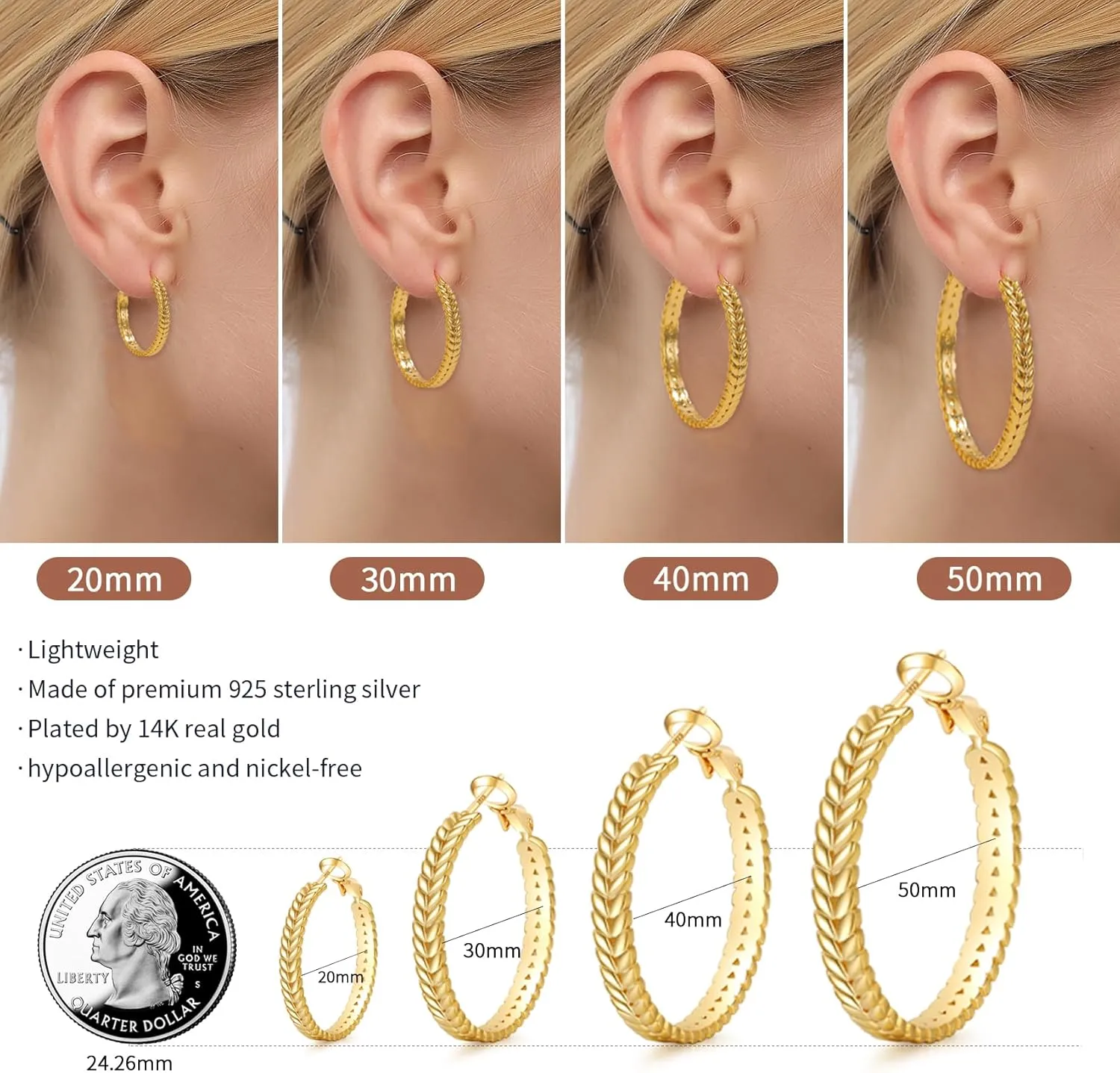 Senteria Large 925 Sterling Silver Hoop Earrings for Women Lightweight Thick Silver Hoop Earrings Wheat Twisted Hoop Earrings Hypoallergenic 5mm Wide Big Silver Hoop Earrings for Women 30/40/50mm