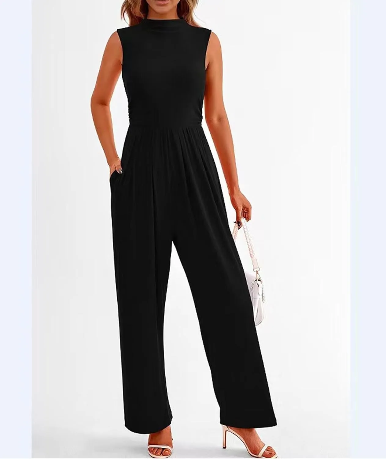 Sexyshine Women's Mock Neck Sleeveless Wide Leg Jumpsuits One Piece High Waist Long Pant Rompers with Pockets