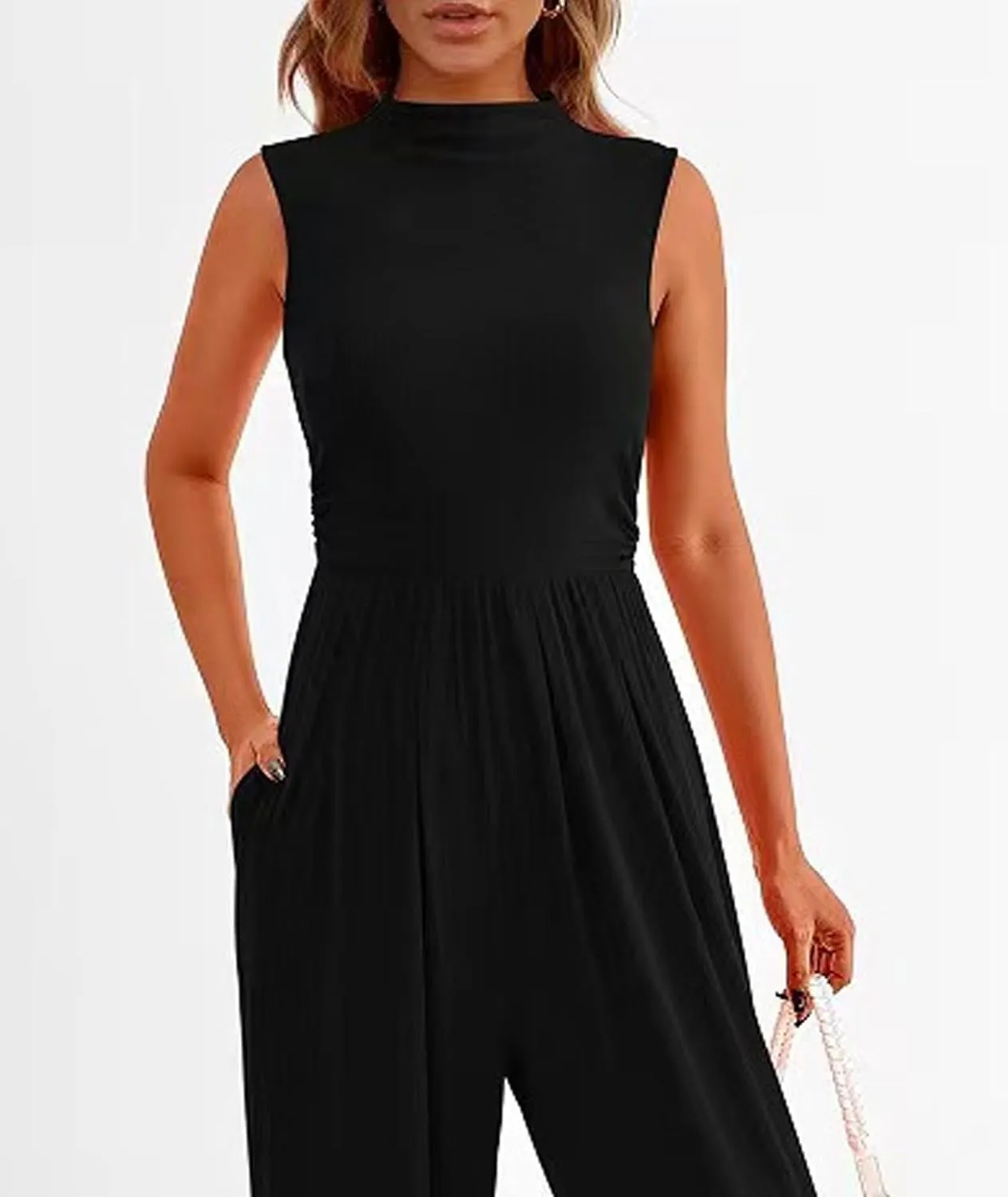 Sexyshine Women's Mock Neck Sleeveless Wide Leg Jumpsuits One Piece High Waist Long Pant Rompers with Pockets
