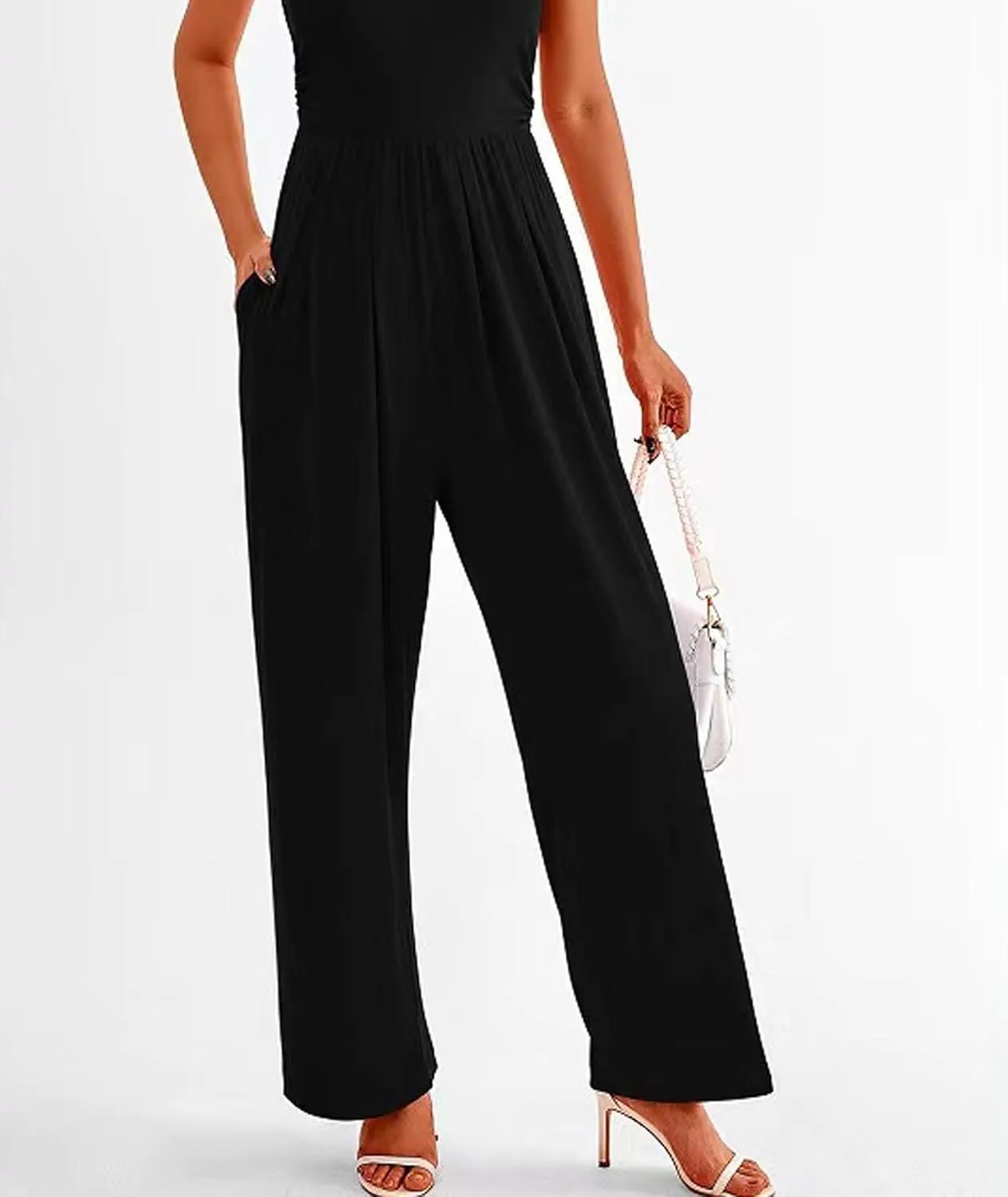 Sexyshine Women's Mock Neck Sleeveless Wide Leg Jumpsuits One Piece High Waist Long Pant Rompers with Pockets