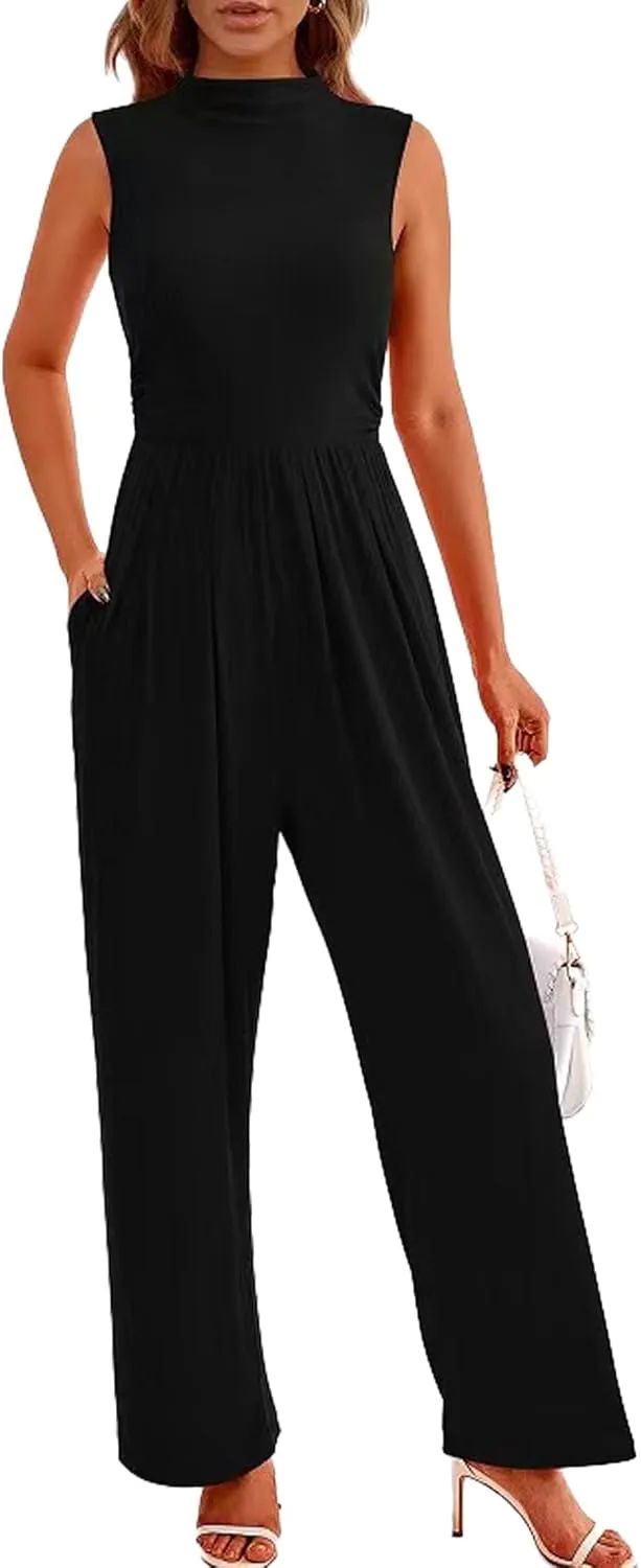 Sexyshine Women's Mock Neck Sleeveless Wide Leg Jumpsuits One Piece High Waist Long Pant Rompers with Pockets