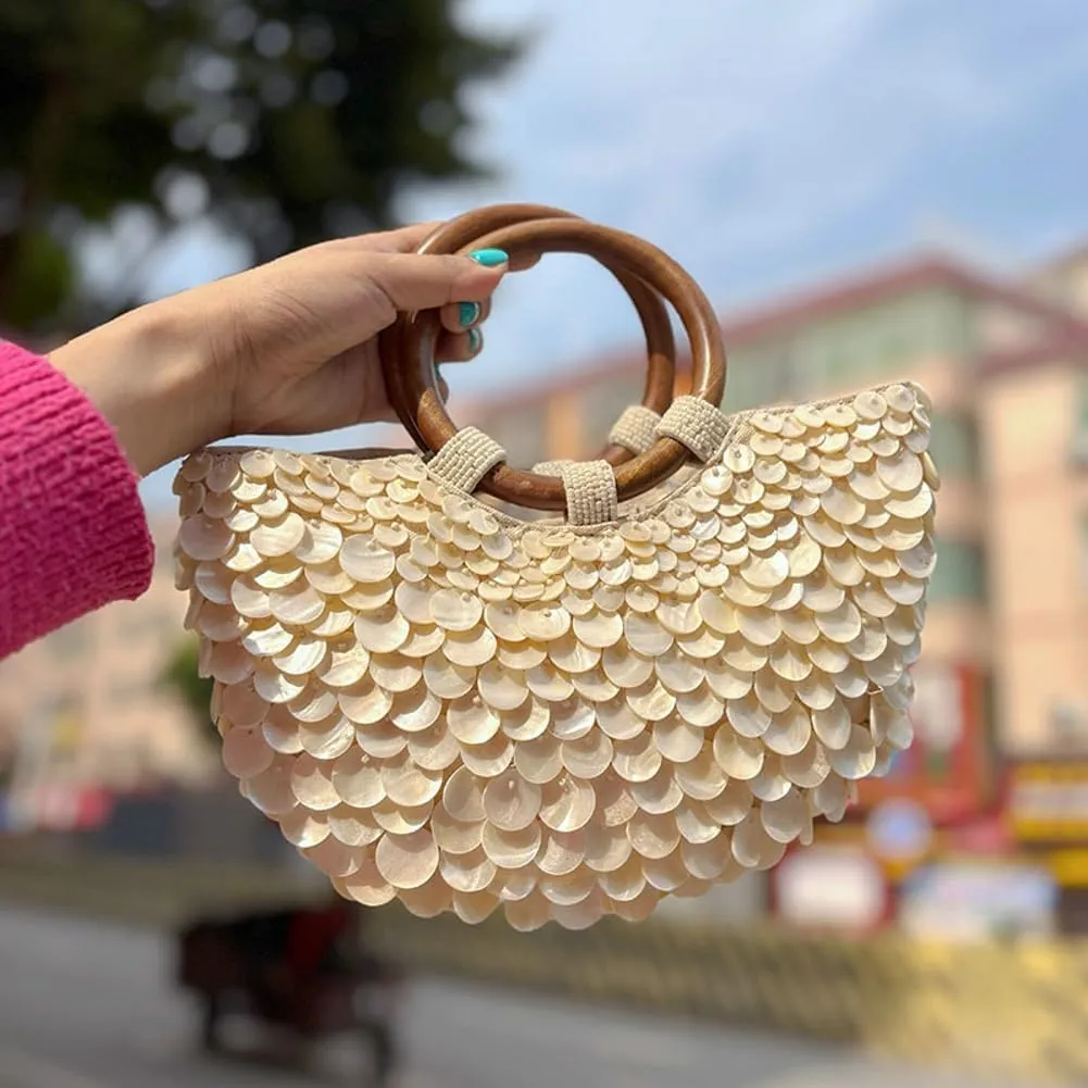 Shell Clutch Purses for Women Beaded Summer Beach Purse Top Handle Bag with Chain Beach Evening Handbag for Summer Vacation