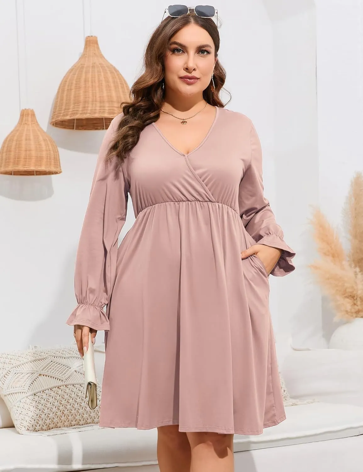 ShopWonder Plus Size Dress Women's V Neck A-Line Knee Length Wrap Swing Dresses Plus Size A Line Party Mini Dress