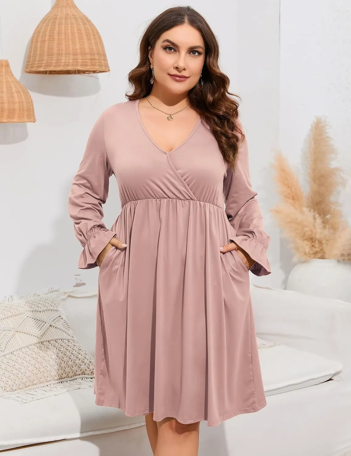 ShopWonder Plus Size Dress Women's V Neck A-Line Knee Length Wrap Swing Dresses Plus Size A Line Party Mini Dress