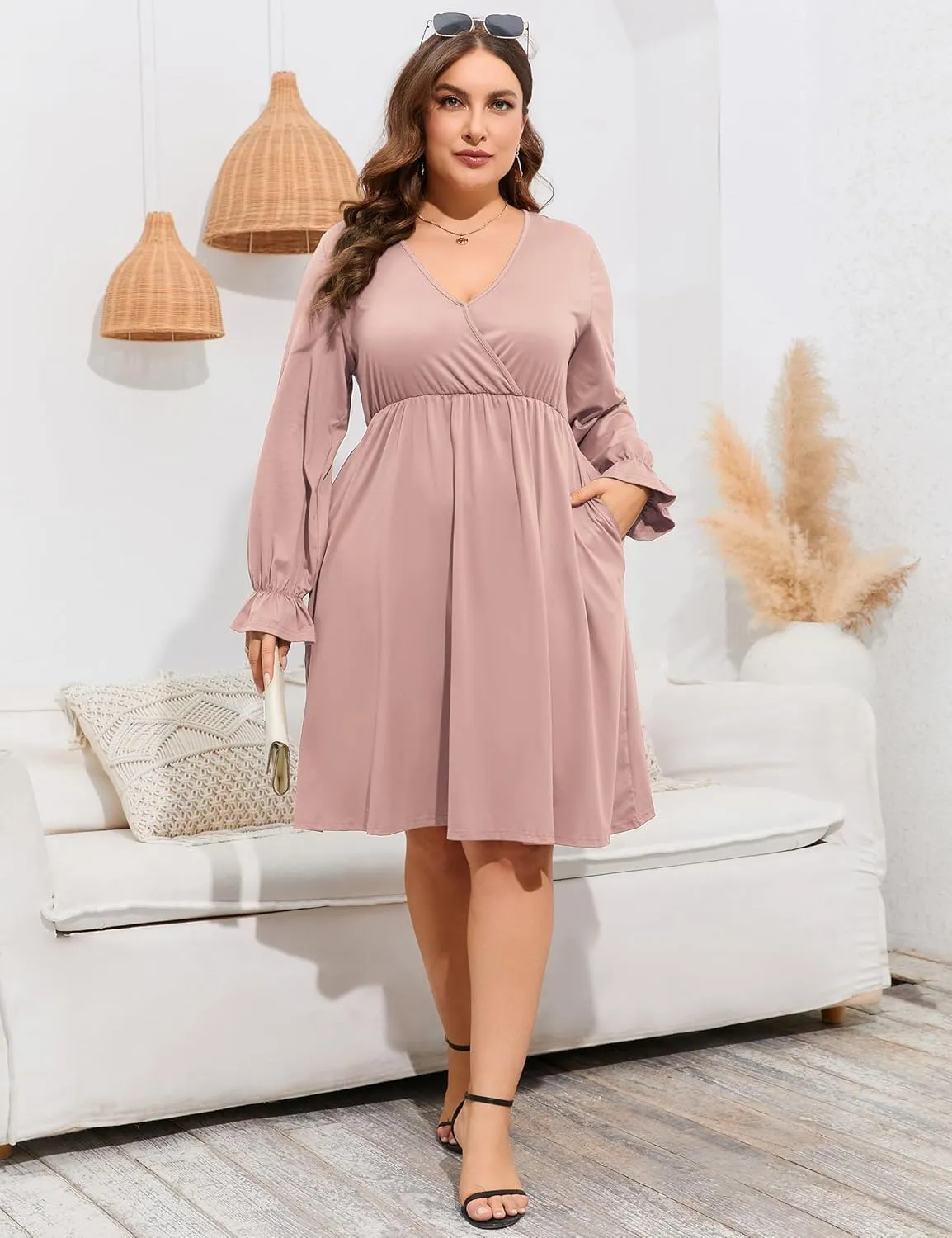 ShopWonder Plus Size Dress Women's V Neck A-Line Knee Length Wrap Swing Dresses Plus Size A Line Party Mini Dress
