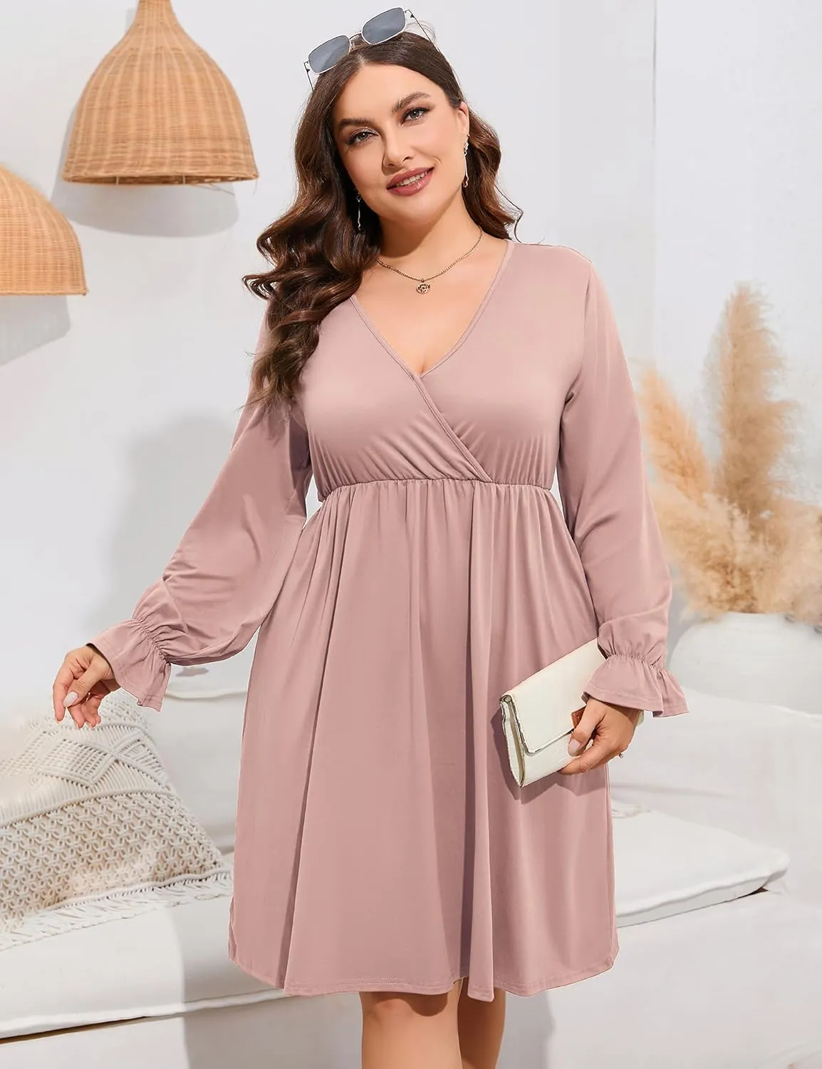 ShopWonder Plus Size Dress Women's V Neck A-Line Knee Length Wrap Swing Dresses Plus Size A Line Party Mini Dress