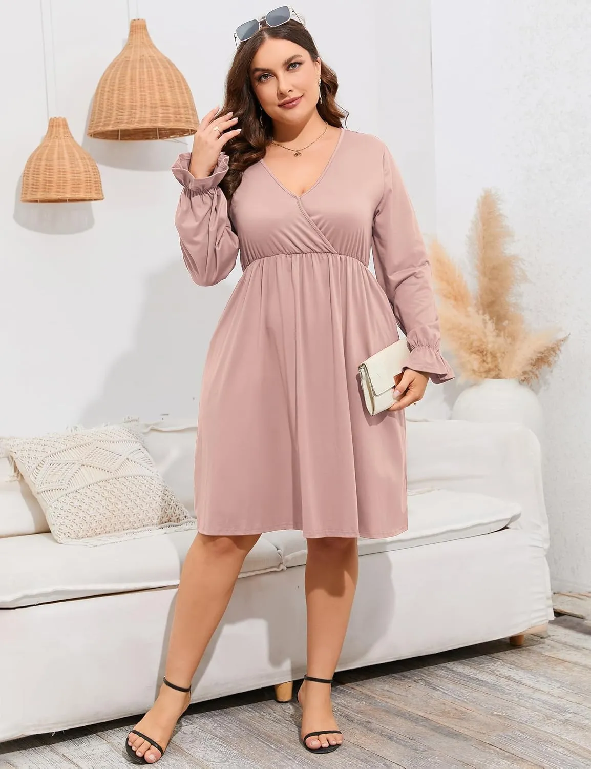 ShopWonder Plus Size Dress Women's V Neck A-Line Knee Length Wrap Swing Dresses Plus Size A Line Party Mini Dress