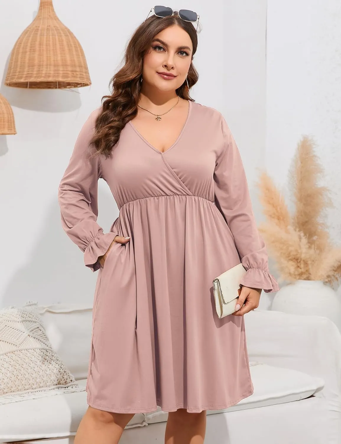 ShopWonder Plus Size Dress Women's V Neck A-Line Knee Length Wrap Swing Dresses Plus Size A Line Party Mini Dress