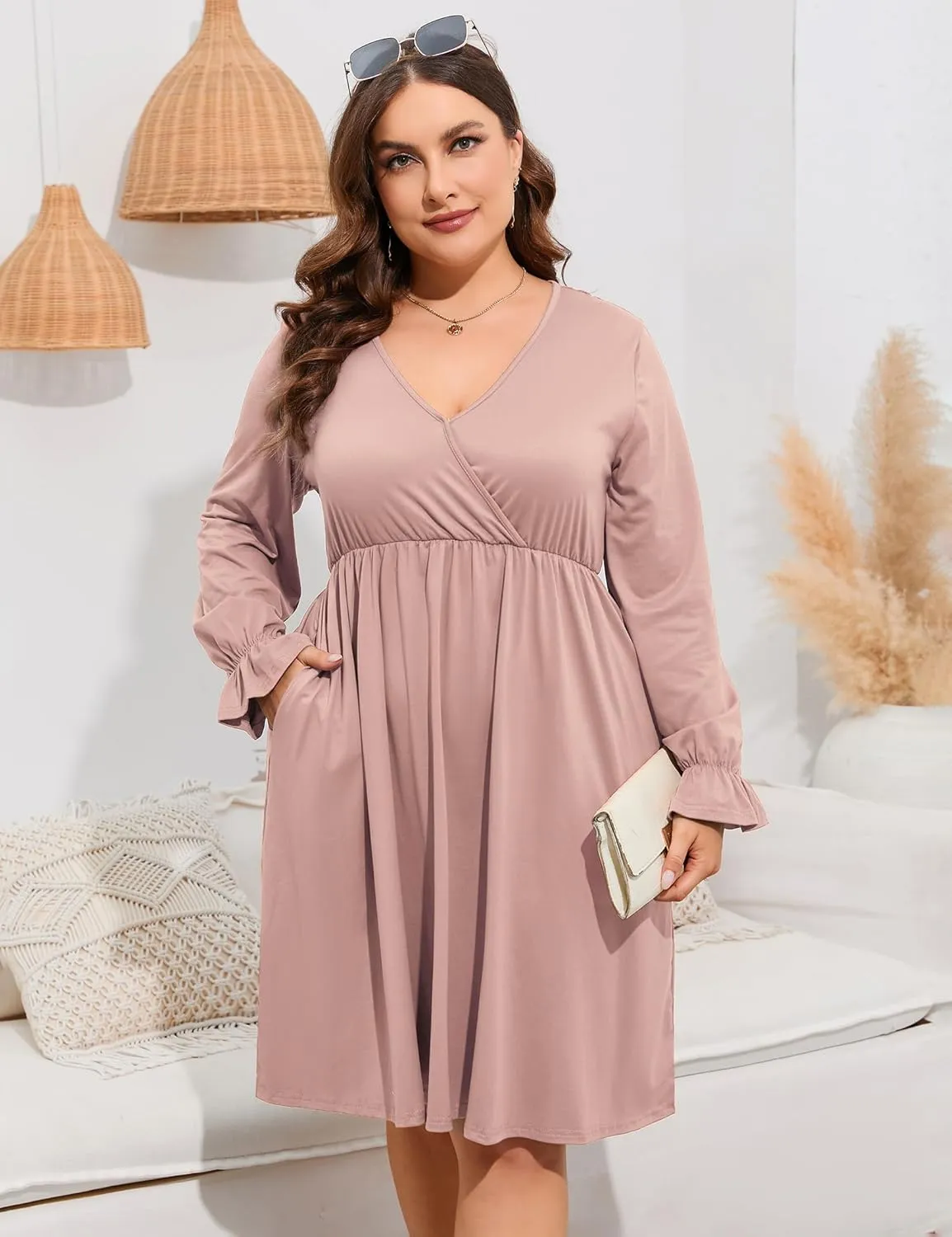 ShopWonder Plus Size Dress Women's V Neck A-Line Knee Length Wrap Swing Dresses Plus Size A Line Party Mini Dress