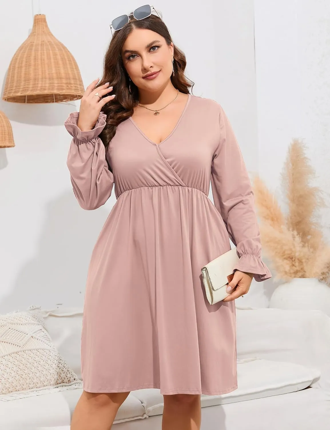 ShopWonder Plus Size Dress Women's V Neck A-Line Knee Length Wrap Swing Dresses Plus Size A Line Party Mini Dress