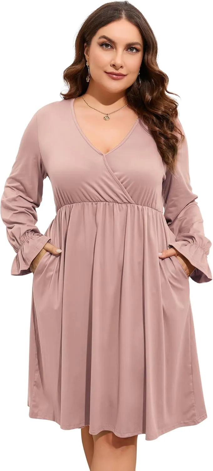ShopWonder Plus Size Dress Women's V Neck A-Line Knee Length Wrap Swing Dresses Plus Size A Line Party Mini Dress