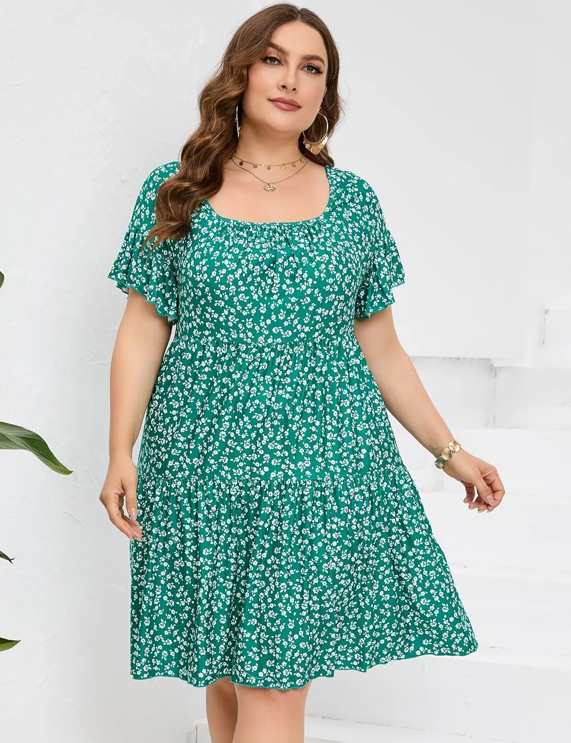 ShopWonder Women's Plus Size V Neck A-Line Knee Length Summer Dress s Plus Size A Line Wrap Swing Mini Dress with Pockets