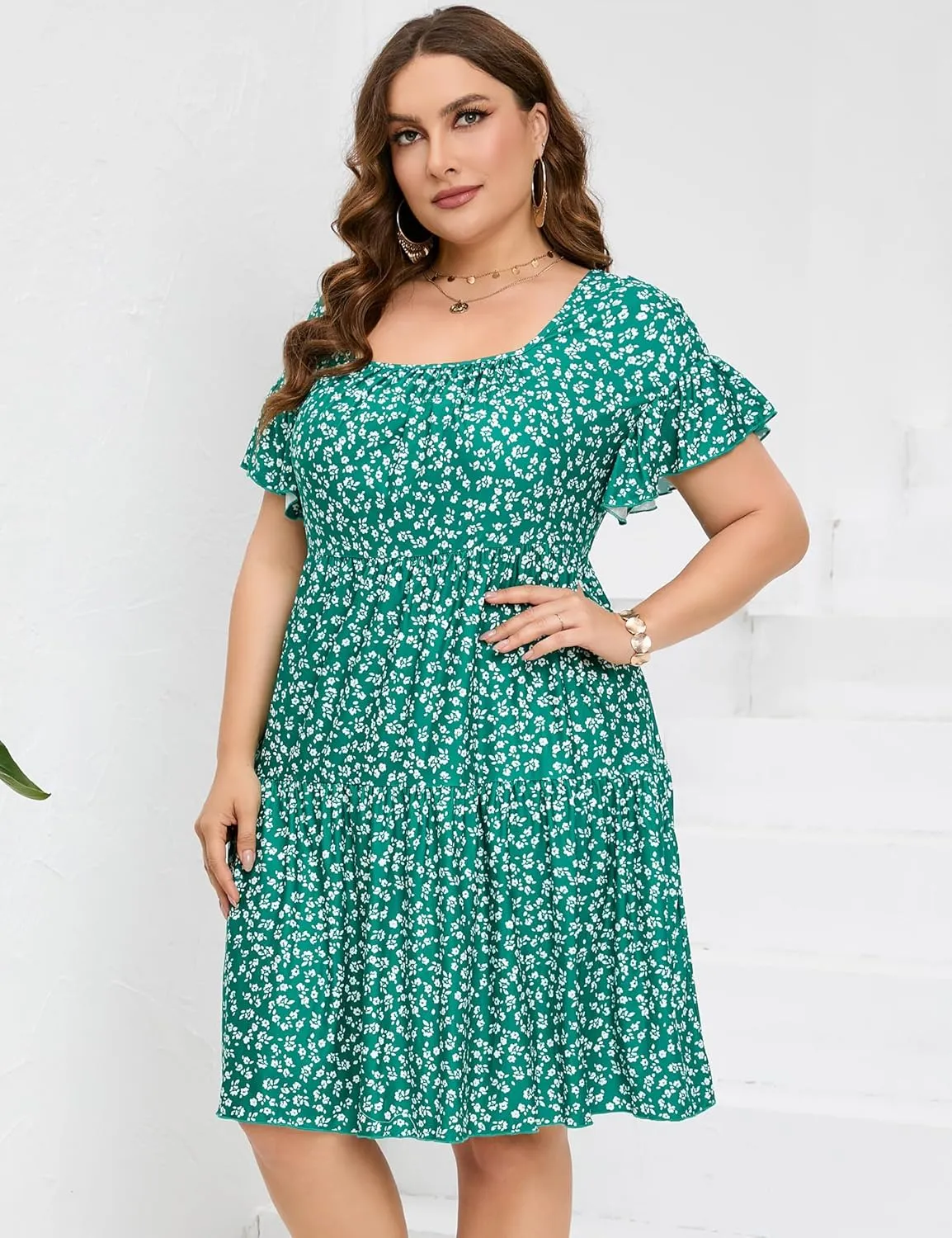 ShopWonder Women's Plus Size V Neck A-Line Knee Length Summer Dress s Plus Size A Line Wrap Swing Mini Dress with Pockets