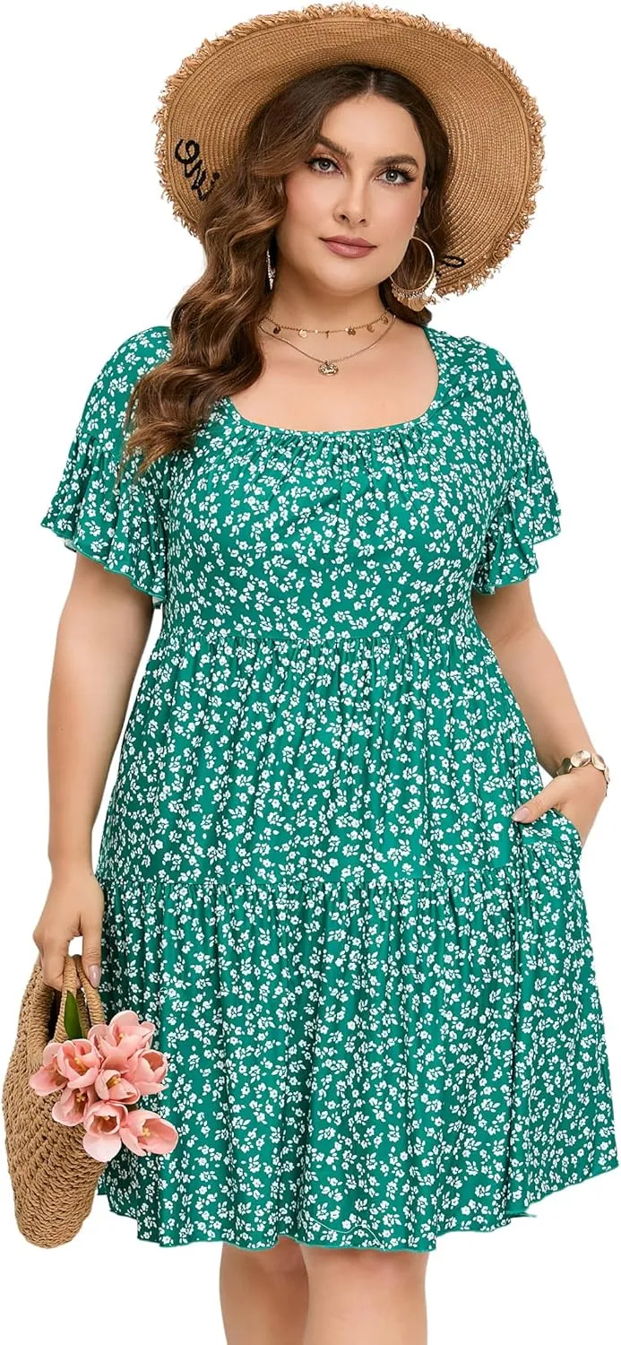 ShopWonder Women's Plus Size V Neck A-Line Knee Length Summer Dress s Plus Size A Line Wrap Swing Mini Dress with Pockets