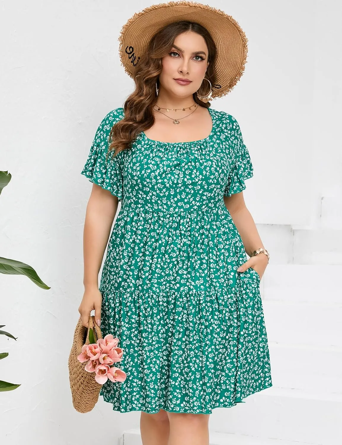 ShopWonder Women's Plus Size V Neck A-Line Knee Length Summer Dress s Plus Size A Line Wrap Swing Mini Dress with Pockets
