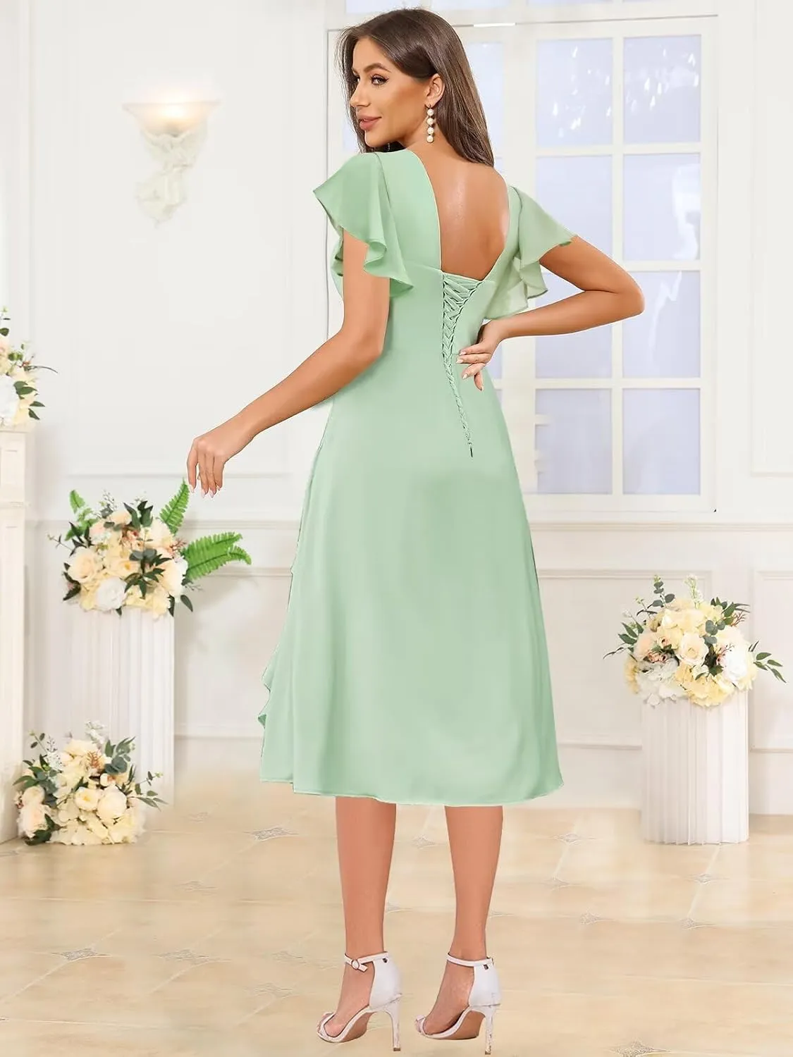 Short Bridesmaid Dresses Square Neck Chiffon Ruffle A Line Formal Evening Dress