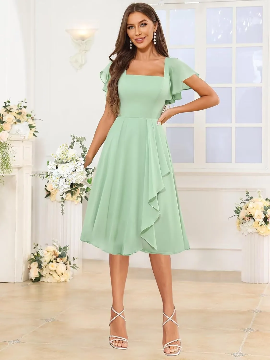 Short Bridesmaid Dresses Square Neck Chiffon Ruffle A Line Formal Evening Dress