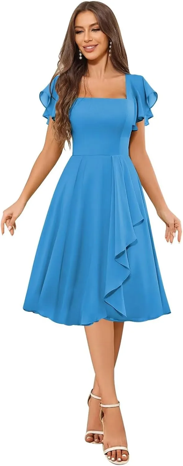 Short Bridesmaid Dresses Square Neck Chiffon Ruffle A Line Formal Evening Dress