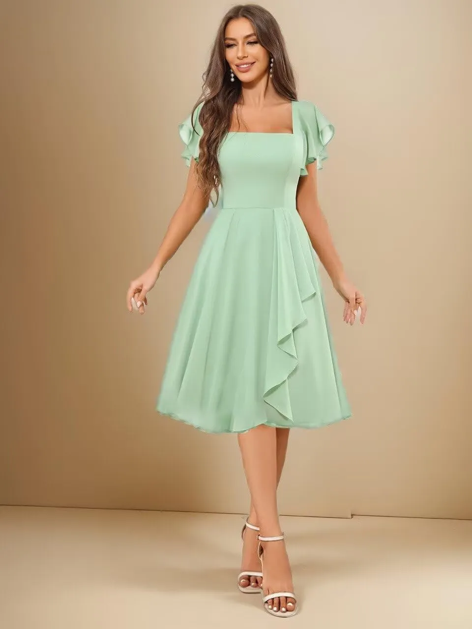 Short Bridesmaid Dresses Square Neck Chiffon Ruffle A Line Formal Evening Dress