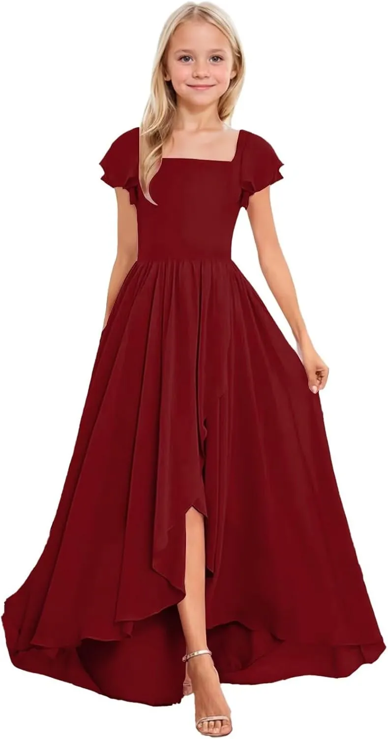 Short Sleeve Junior Bridesmaid Dresses Long Chiffon A Line Flower Girl Dress for Wedding