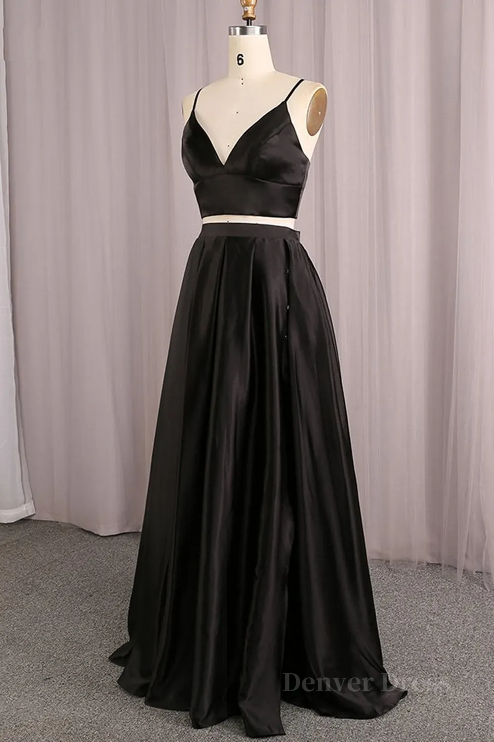 Simple V Neck Two Pieces Black Prom Dresses 2 Pieces Black Long Formal Dresses Black Evening Dresses