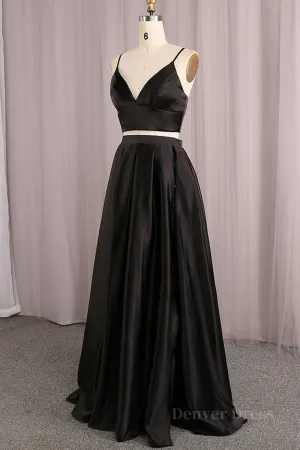 Simple V Neck Two Pieces Black Prom Dresses 2 Pieces Black Long Formal Dresses Black Evening Dresses