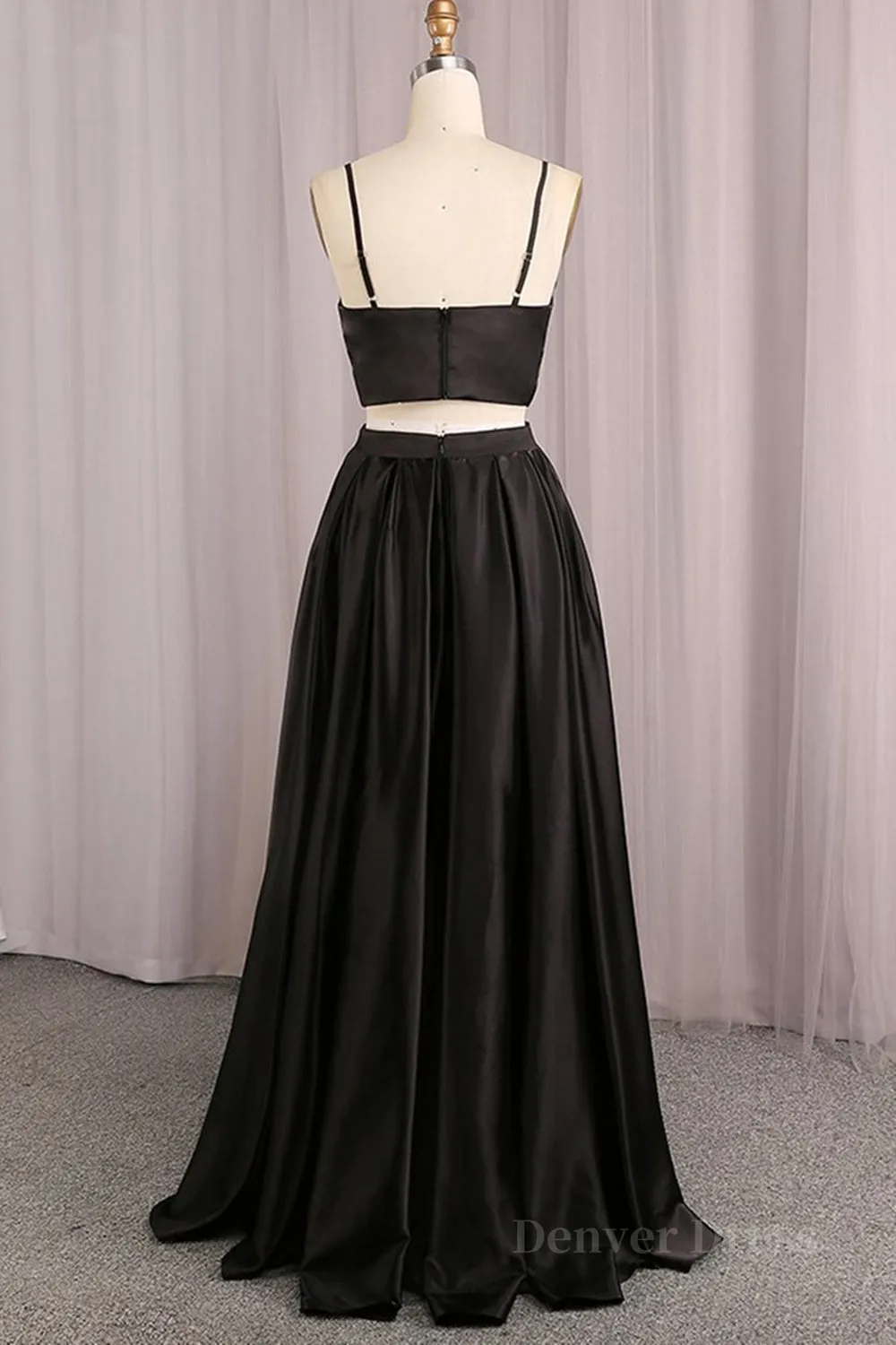Simple V Neck Two Pieces Black Prom Dresses 2 Pieces Black Long Formal Dresses Black Evening Dresses
