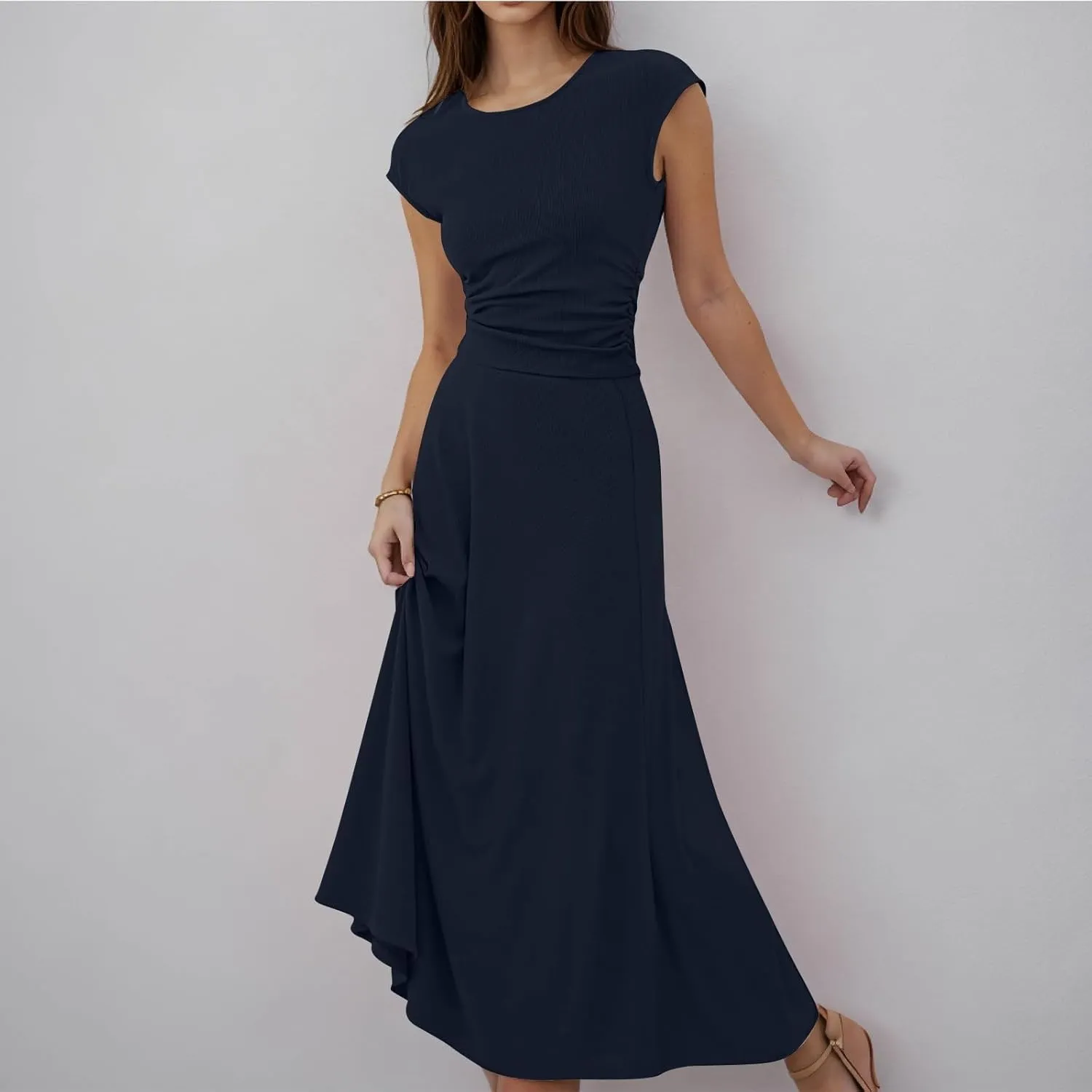 Skirt Sets Women 2 Piece Outfits Casual Ribbed Knit Crew Neck Short Sleeve Cropped Top Elastic Waist Swing Midi Skirts
