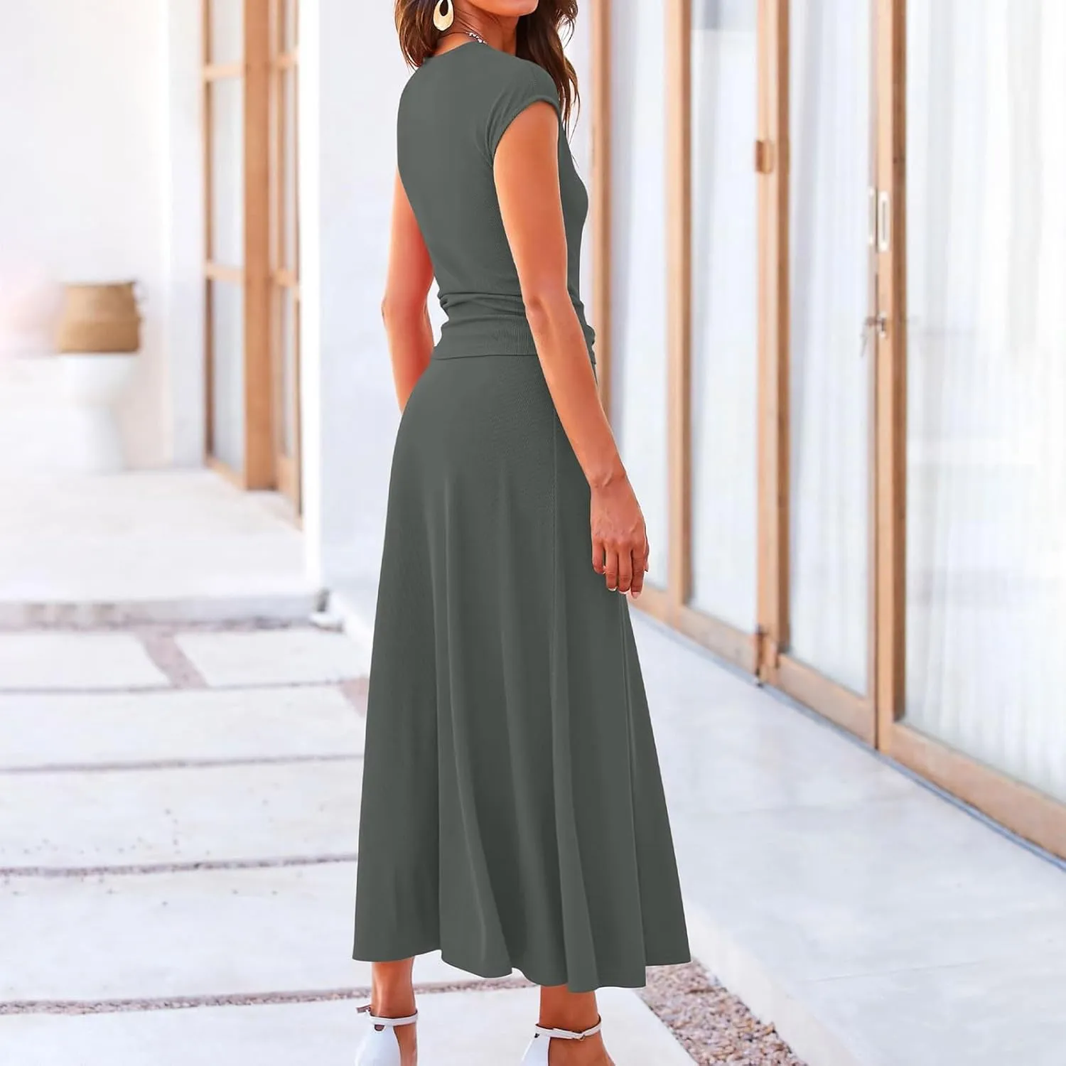 Skirt Sets Women 2 Piece Outfits Casual Ribbed Knit Crew Neck Short Sleeve Cropped Top Elastic Waist Swing Midi Skirts