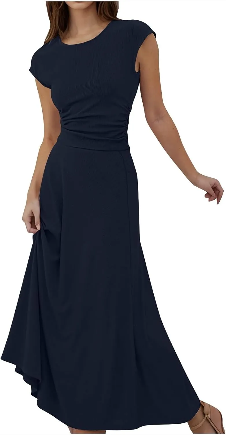 Skirt Sets Women 2 Piece Outfits Casual Ribbed Knit Crew Neck Short Sleeve Cropped Top Elastic Waist Swing Midi Skirts