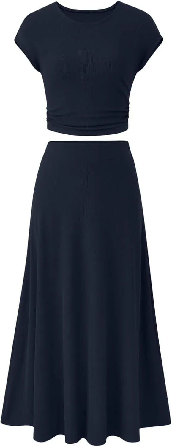 Skirt Sets Women 2 Piece Outfits Casual Ribbed Knit Crew Neck Short Sleeve Cropped Top Elastic Waist Swing Midi Skirts