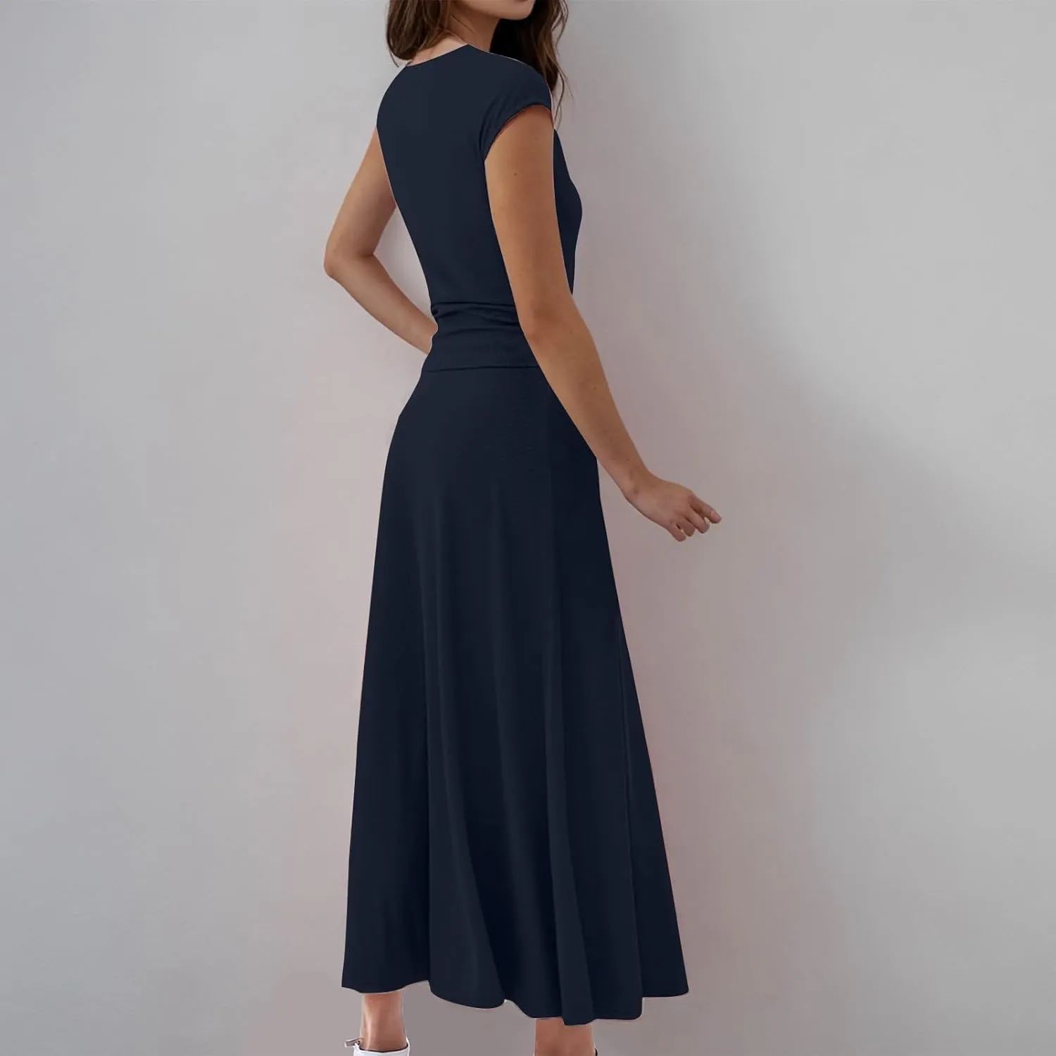 Skirt Sets Women 2 Piece Outfits Casual Ribbed Knit Crew Neck Short Sleeve Cropped Top Elastic Waist Swing Midi Skirts