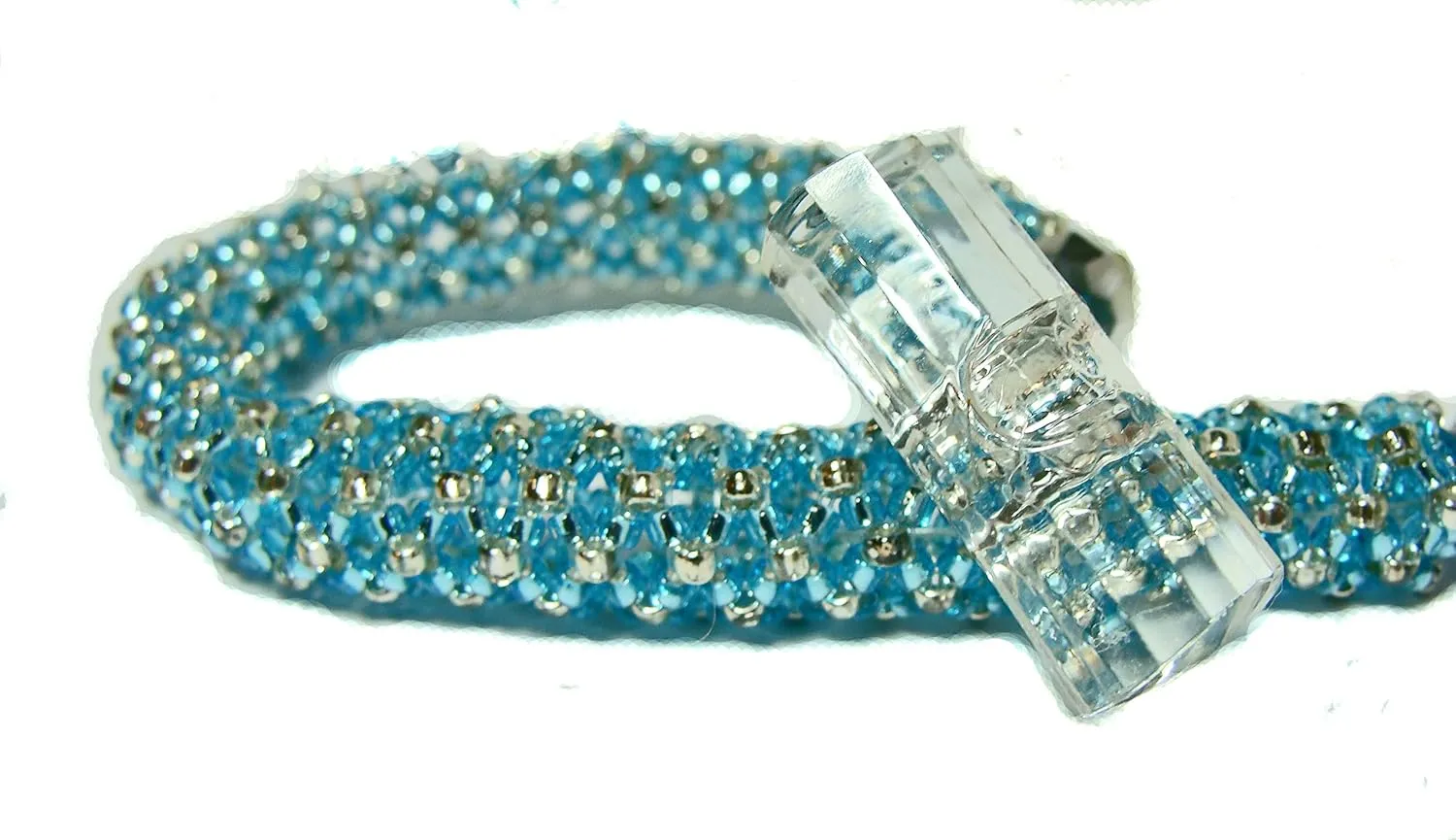 Sparkling Aqua and Silver Tubular Chenille Beaded Bracelet