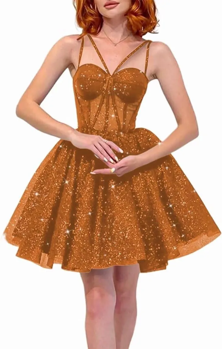Sparkly Tulle Homecoming Dresses for Teens A Line Spaghetti Straps Short Prom Dress A Line Cocktail Gowns