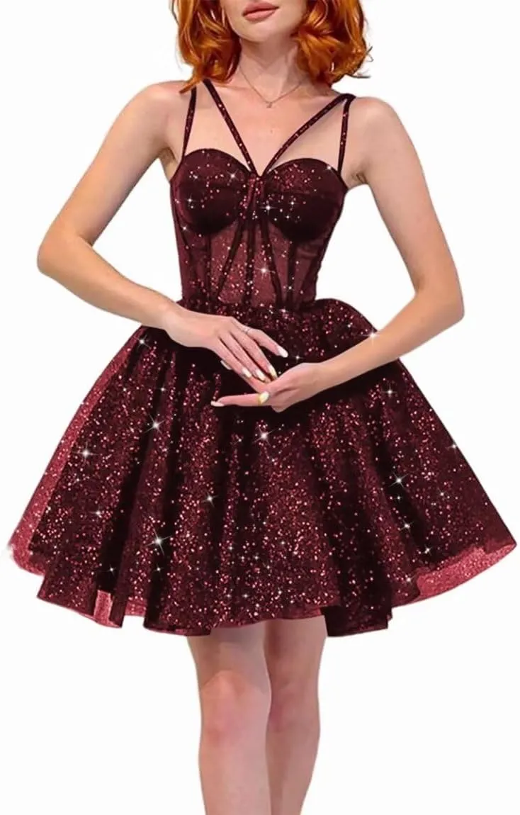 Sparkly Tulle Homecoming Dresses for Teens A Line Spaghetti Straps Short Prom Dress A Line Cocktail Gowns
