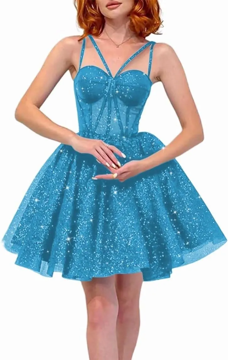 Sparkly Tulle Homecoming Dresses for Teens A Line Spaghetti Straps Short Prom Dress A Line Cocktail Gowns