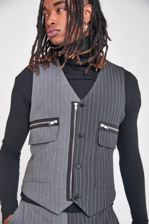 Spliced Grey Pinstripe Utility Waistcoat