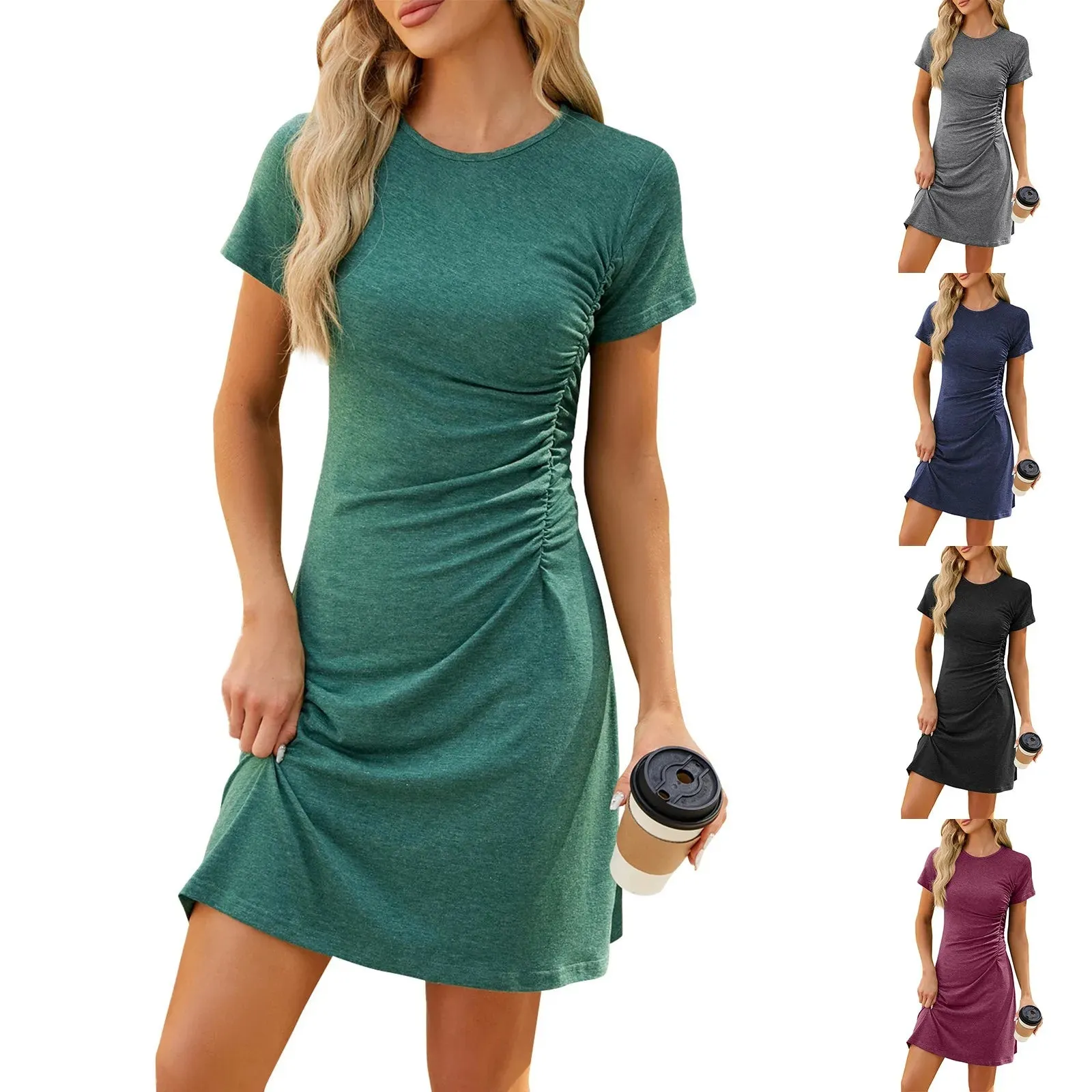 Spring Women's O Neck Short Sleeve Solid Color Mini Dress