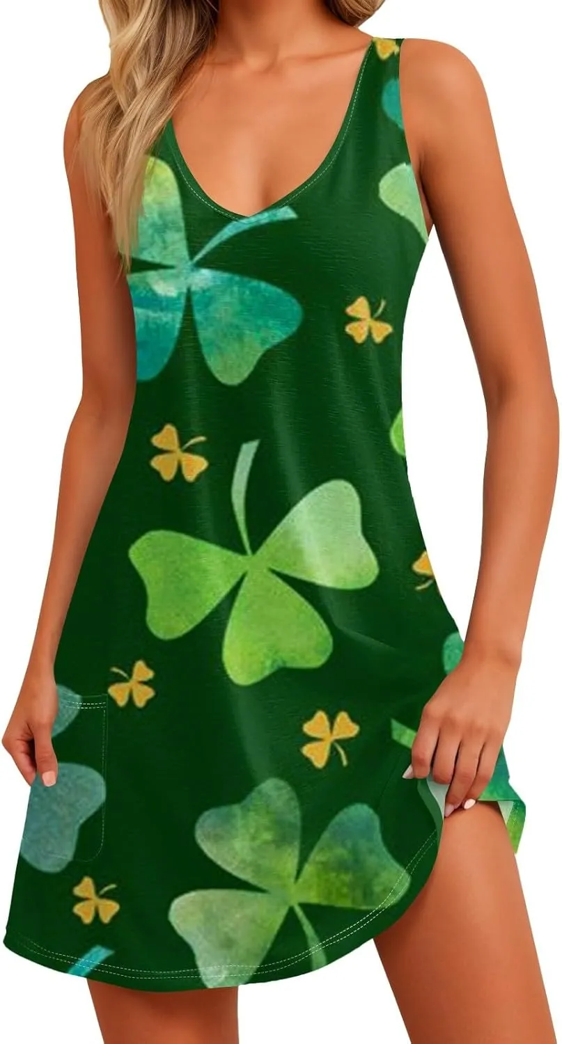 St. Patrick's Day A Line Sleeveless Dress Women Trendy Birthday Comfy Loose Scoop