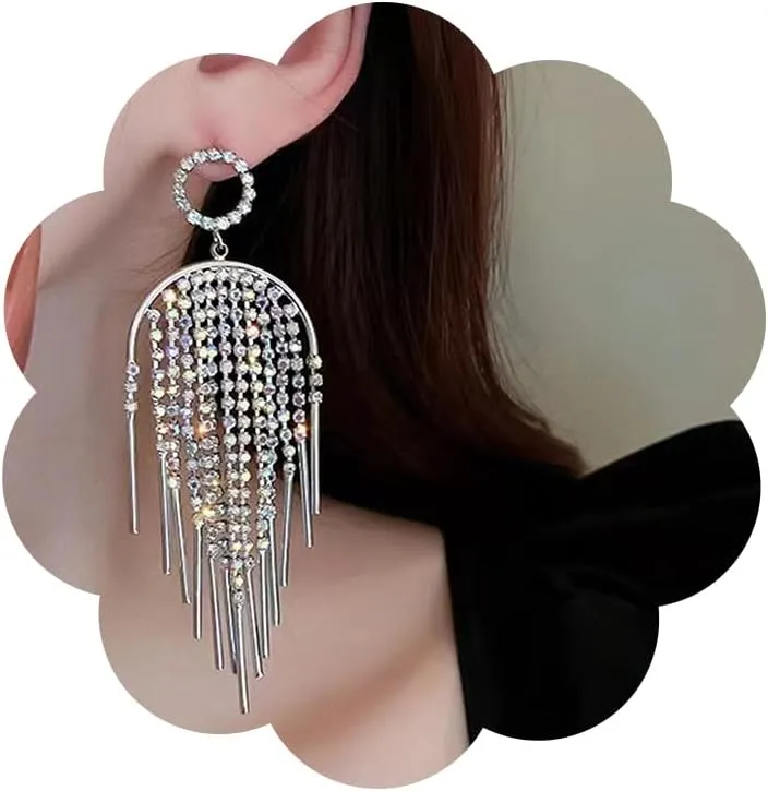 Statement Fringe Dangle Earrings Gold Long Tassel Chain Earrings Drop Dangle Ear Stud Retro Rhinestone Linear Drop Chandelier Earrings Prom Party Jewelry For Women Bridal Wedding