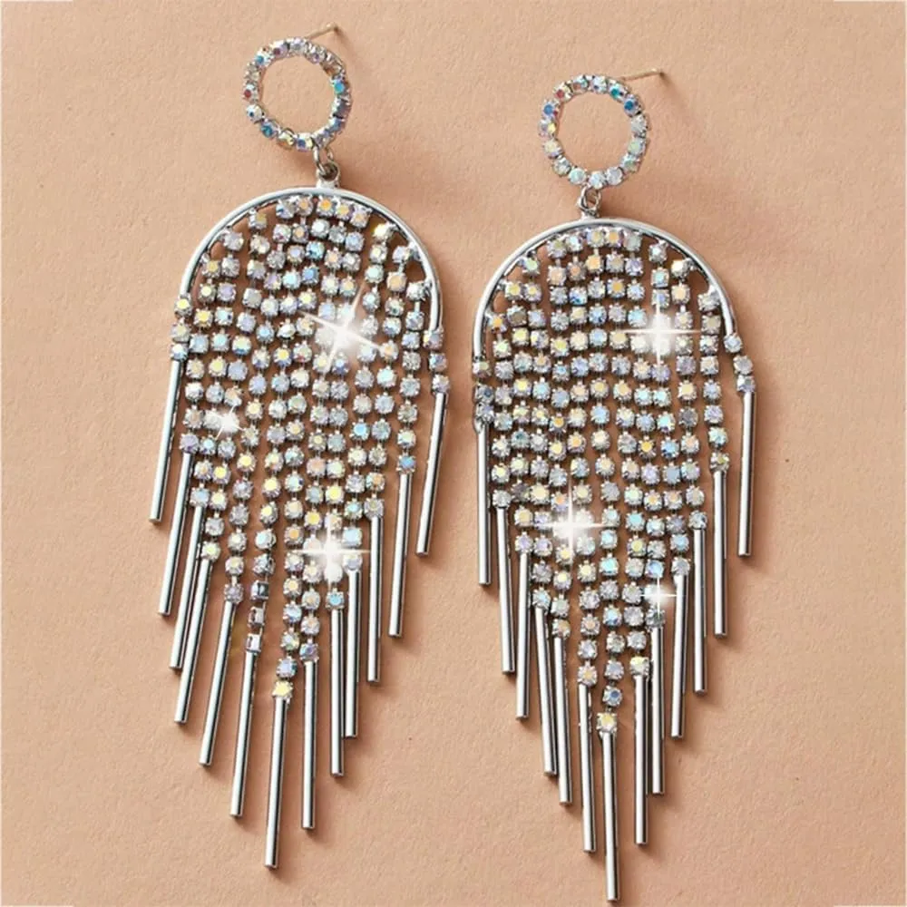 Statement Fringe Dangle Earrings Gold Long Tassel Chain Earrings Drop Dangle Ear Stud Retro Rhinestone Linear Drop Chandelier Earrings Prom Party Jewelry For Women Bridal Wedding