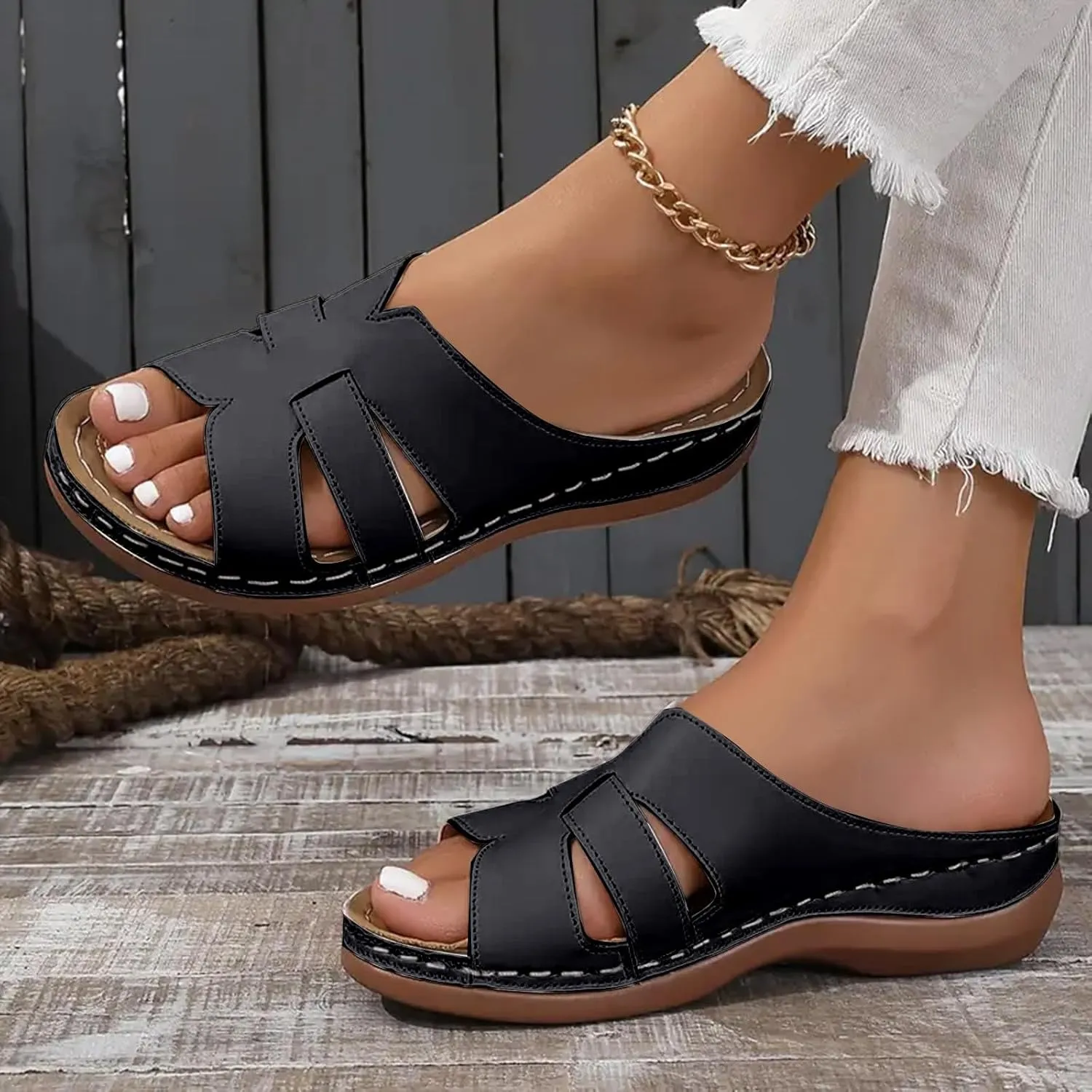 SuanlaTDS Platform Sandals Womens Wedges Slip On Orthopedic Sandals with Arch Support Wide Width Comfortable Summer Beach Walking Low Heels Wedges Open Toe Outdoor Flat Shoes