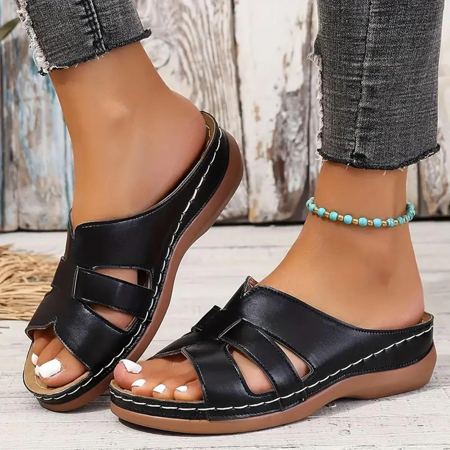 SuanlaTDS Platform Sandals Womens Wedges Slip On Orthopedic Sandals with Arch Support Wide Width Comfortable Summer Beach Walking Low Heels Wedges Open Toe Outdoor Flat Shoes