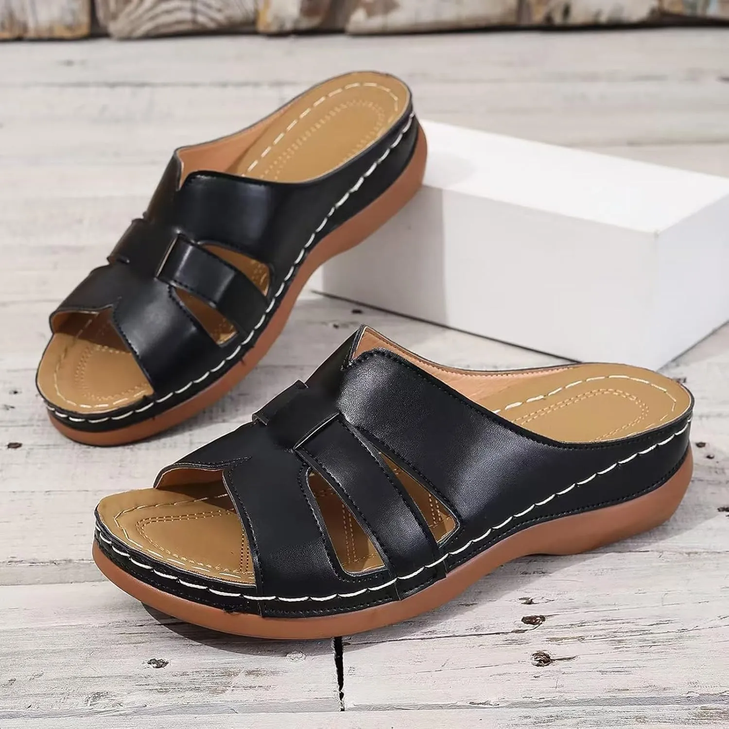 SuanlaTDS Platform Sandals Womens Wedges Slip On Orthopedic Sandals with Arch Support Wide Width Comfortable Summer Beach Walking Low Heels Wedges Open Toe Outdoor Flat Shoes