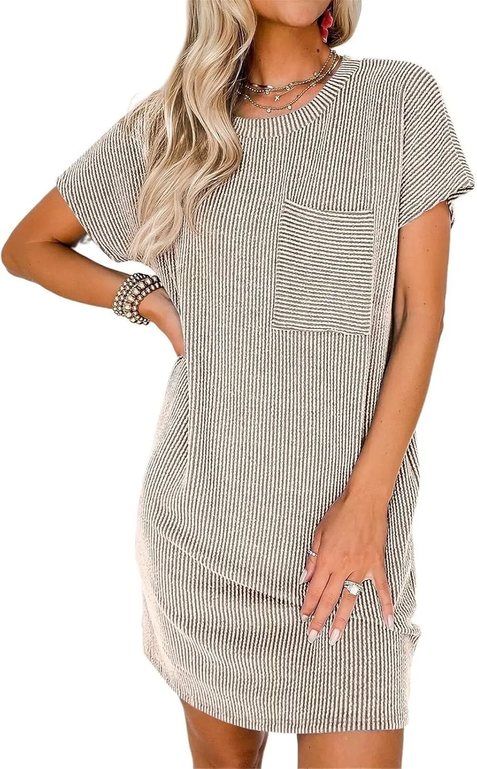 Summer Dresses for Women 2025 Short Sleeve Crew Neck Textured Mini Dress with Pocket Casual Beach Sundress