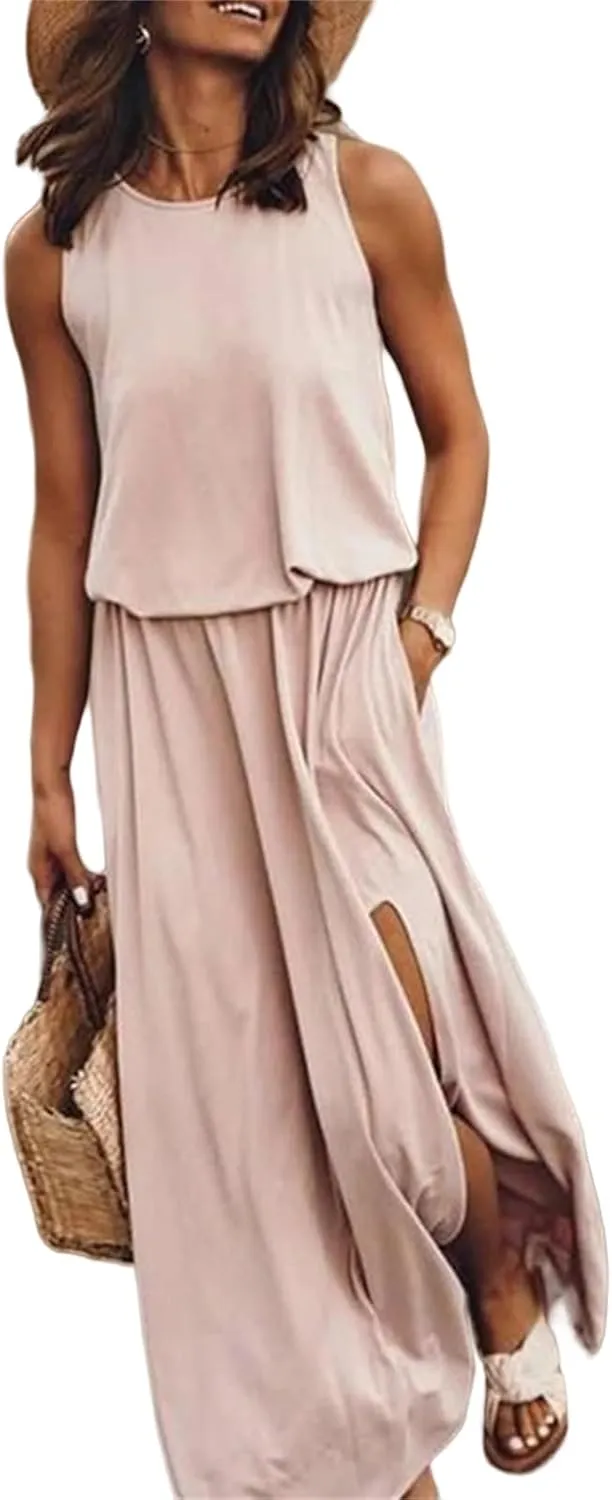 Summer Dresses for Women 2025 Sleeveless Crewneck Maxi Dress Ruffle Casual Dresses Beach Vacation Party Sundress