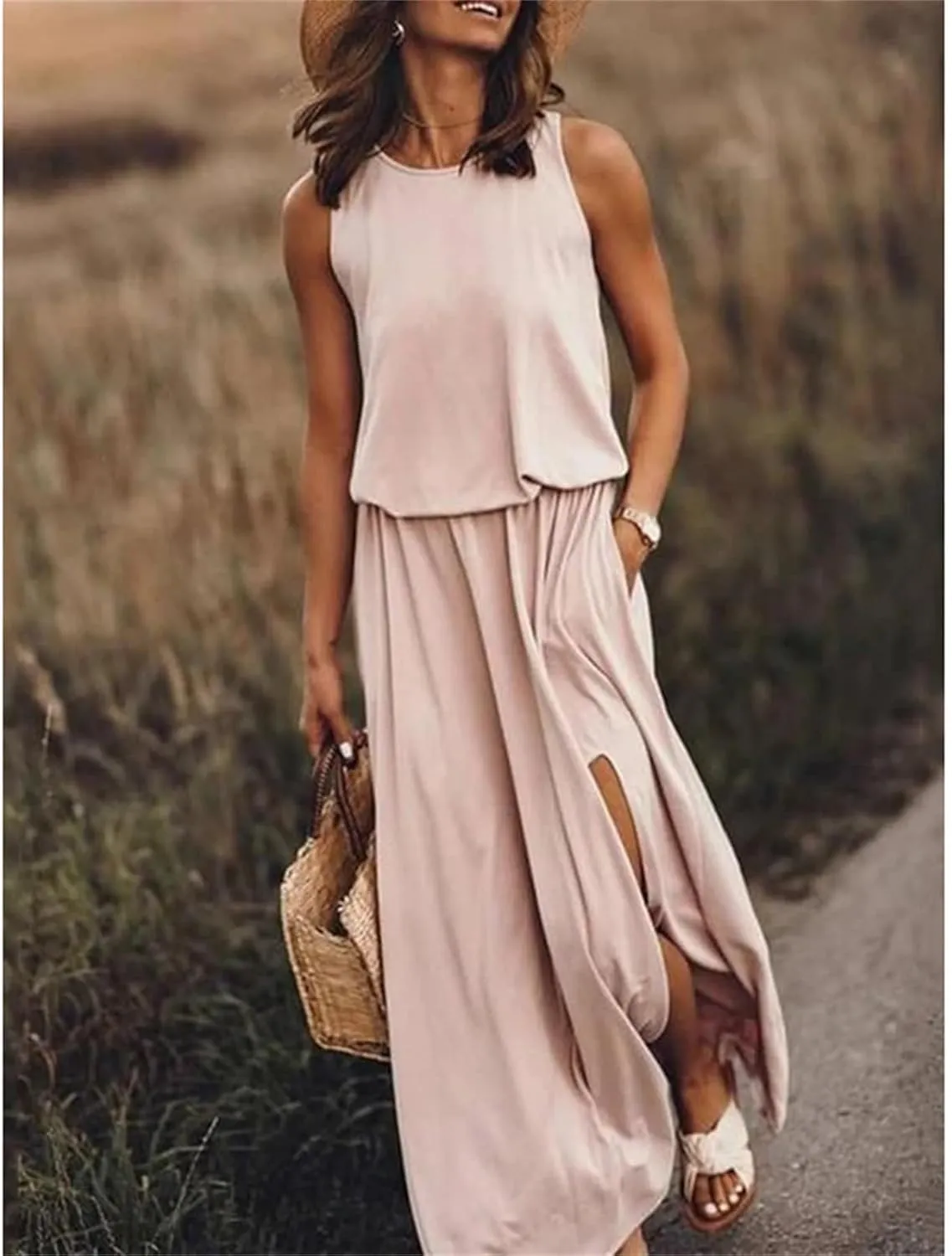 Summer Dresses for Women 2025 Sleeveless Crewneck Maxi Dress Ruffle Casual Dresses Beach Vacation Party Sundress