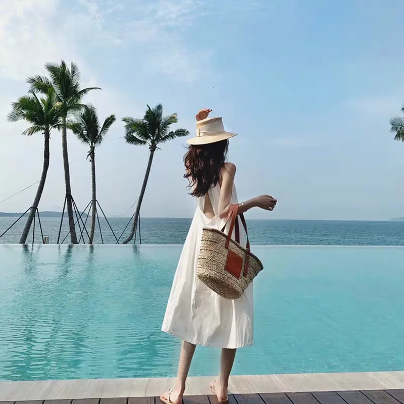 Summer Sexy Backless White Halter Dress