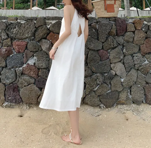 Summer Sexy Backless White Halter Dress