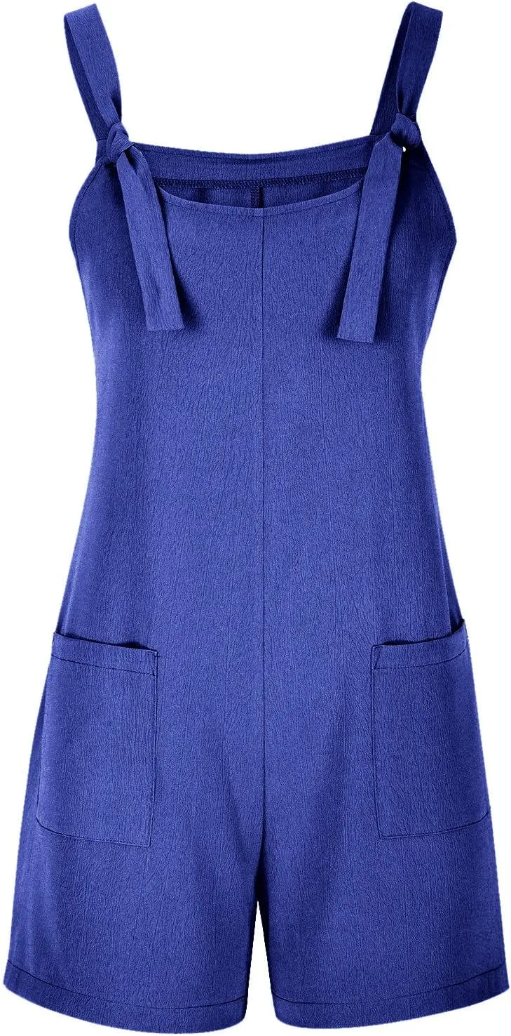 Summer Shorts Rompers for Women Tie Knot Strap Sleeveless Casual Loose Bib Overalls Plus Size Jumpsuit with Pockets